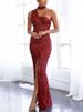 Women Solid Color Wrap Chest Sequined High Waist Black Long Dress Elegant Commuting Sweet Slim Waist Party Cocktail Dress_ecoleips.com