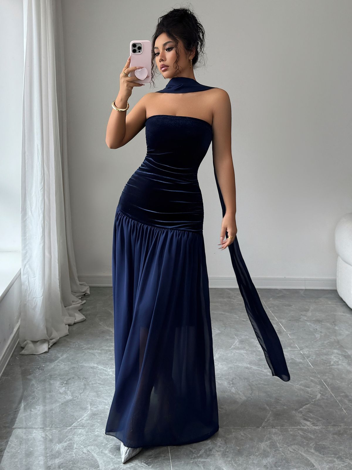 Elegant Strapless Bodycon Dress – Stretchy Midi-Length Formal Dress In Navy Blue (S-XL, Office To Evening Wear, Side Slit Detail)_ecoleips.com