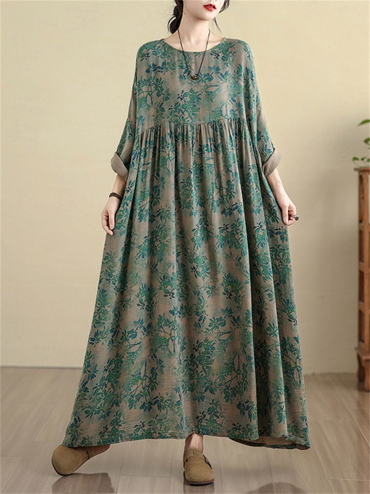 Oversize Cotton Vintage Casual Loose Green Print Floral Dresses For Women Long Sleeve Dress Femme Robe Vestidos Elegant Clothing_ecoleips.com
