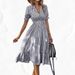 Women's Clothing Striped Dress V Neck Elastic Waist Short Sleeves Large Swing Dress_ecoleips.com