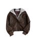 Women's Korean-Inspired Hooded Faux Leather Jacket Asymmetrical Two-Tone Design Fashion Outerwear for Fall Winter Stylish Layered Look_ecoleips.com