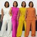 Women's Clothing Commuter Casual Round Neck Tie Sleeveless Cardigan Vest Wide Leg Pants Two Piece Set_ecoleips.com