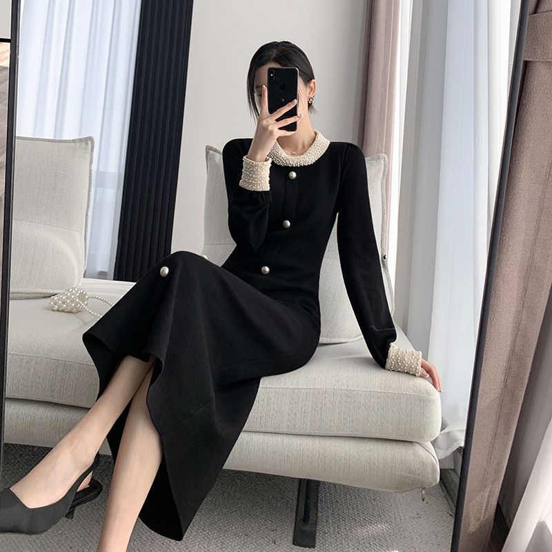 Women's Clothing Elegant Black Long Dress Autumn Winter Heavy Beaded French Retro Knit Sophisticated Base For Formal & Casual_ecoleips.com