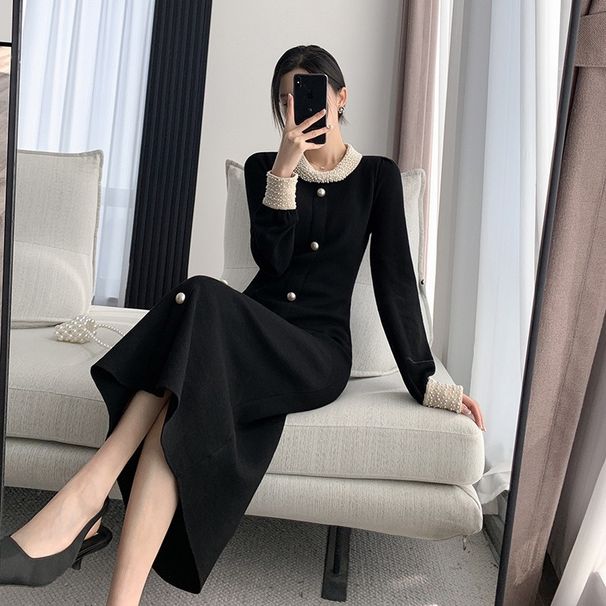 Women's Clothing Elegant Black Long Dress Autumn Winter Heavy Beaded French Retro Knit Sophisticated Base For Formal & Casual_ecoleips.com