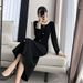 Women's Clothing Elegant Black Long Dress Autumn Winter Heavy Beaded French Retro Knit Sophisticated Base For Formal & Casual_ecoleips.com