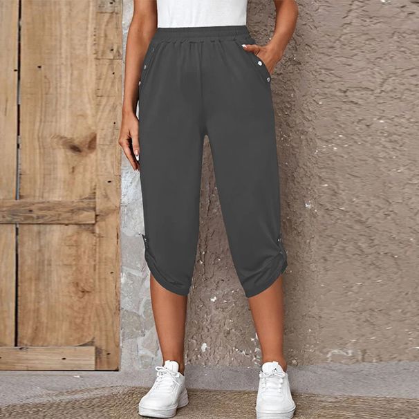 Women's Summer Casual Cropped Pants Elastic Waist Fashionable American Style Trendy Bottoms_ecoleips.com