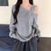 European American Style Solid Color Real-shot Chinese Cotton Composite Loose-fit Sweatshirt Women With Off-shoulder_ecoleips.com