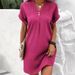 Women's V-Neck Solid-Color Buttoned Dress With A Comfortable, Casual Design_ecoleips.com