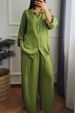 Women's Clothing Casual Loose Cotton And Linen Solid Color Shirt Button Wide Leg Pants 2 Piece Set_ecoleips.com