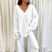 Plus Size Women's Clothing, Plus Size Suits, European And American Winter Comfortable Solid Color V Neck Casual Daily Home Warm Two Piece Suit_ecoleips.com