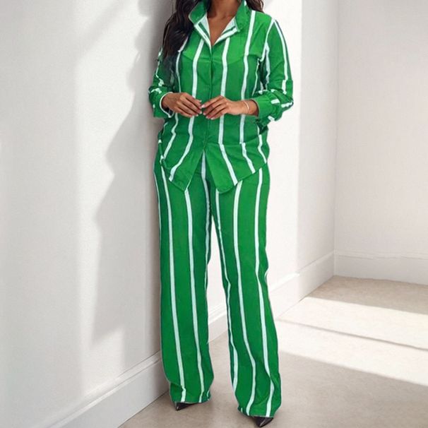 Spring Women's Clothing Striped Lapel Shirt And Trousers Set Casual Simple Clothing_ecoleips.com