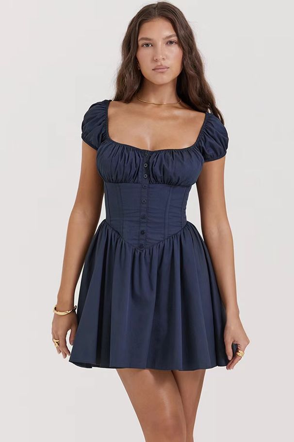 Women's Clothing Slim Sexy Hot Girl Skirt Bubble Sleeve Square Collar Dress Short Skirt Female_ecoleips.com