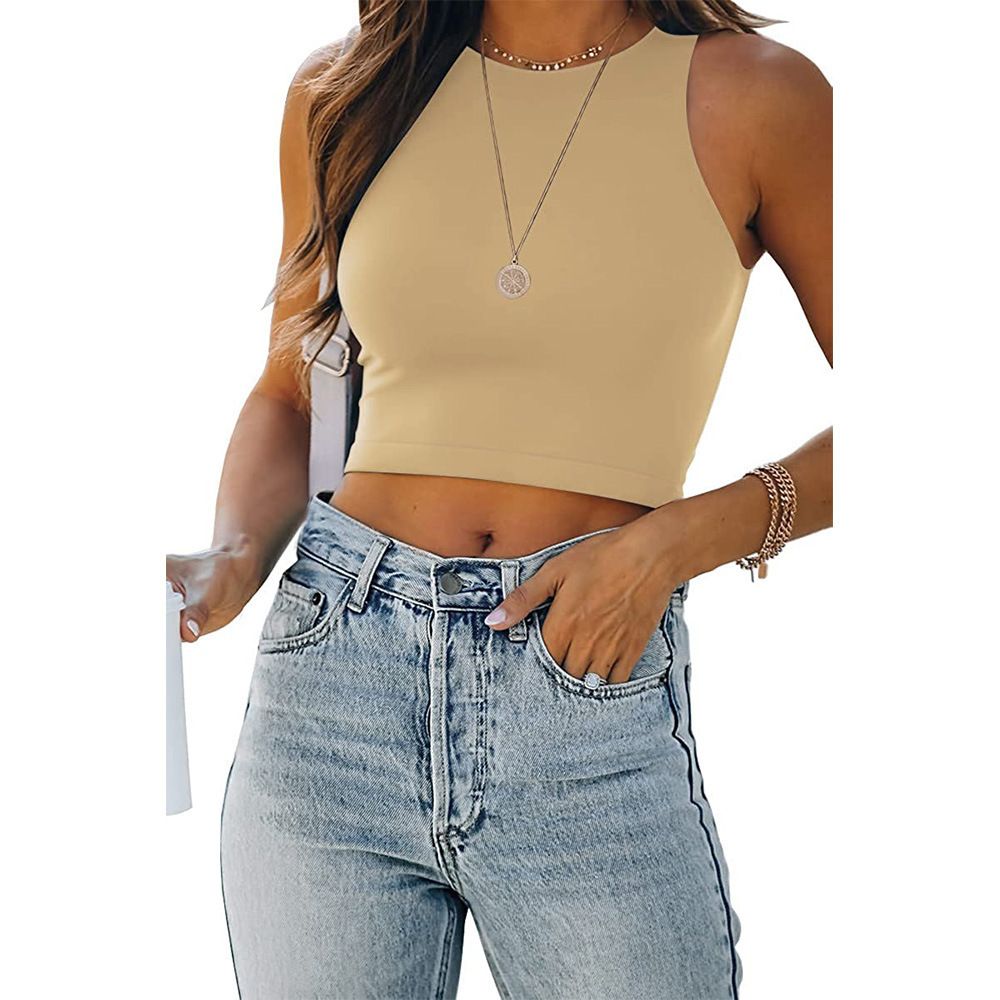 Summer Women's Solid Color Sleeveless round Neck Tank Vest T-Shirt European American Style Fashion Top_ecoleips.com