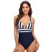 Women's Clothing Sexy Color Matching Swimsuit Sling Backless One Piece Swimsuit Deep V Striped Swimsuit_ecoleips.com