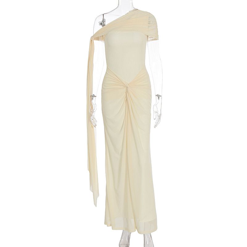 Women's Off-Shoulder Irregular Long Dress American Slim Fit Pleated Summer Dress Best Selling_ecoleips.com