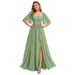 Square Neck Back Tie Evening Dress With Side Slit, Elegant A-Line Midi/Maxi Party Gown For Wedding Guest, Prom, And Formal Occasions_ecoleips.com