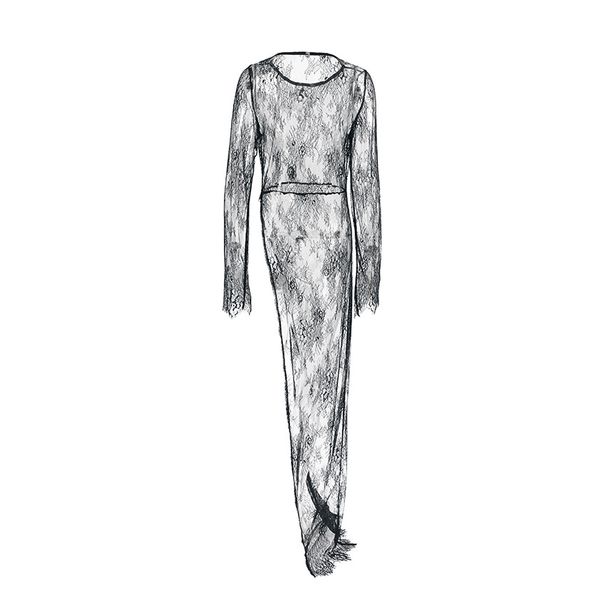 Women's Clothing Sexy Black See Through Dress With Lace Round Neck Long Sleeves And Slit Asymmetrical Dress Long Dress For Summer_ecoleips.com