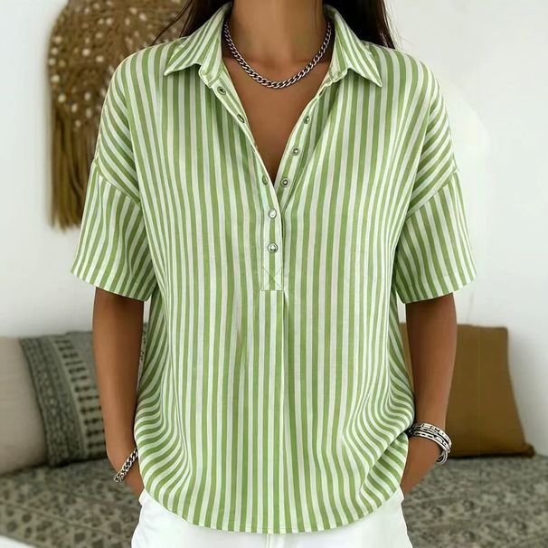 Women's Striped Lapel Button Short Sleeved Shirt Casual Fashion Summer Top American Style_ecoleips.com