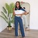 Women's Clothing Denim Stitching Color Stand Up Collar Zipper Top Wide Leg Pants Two Piece Set_ecoleips.com