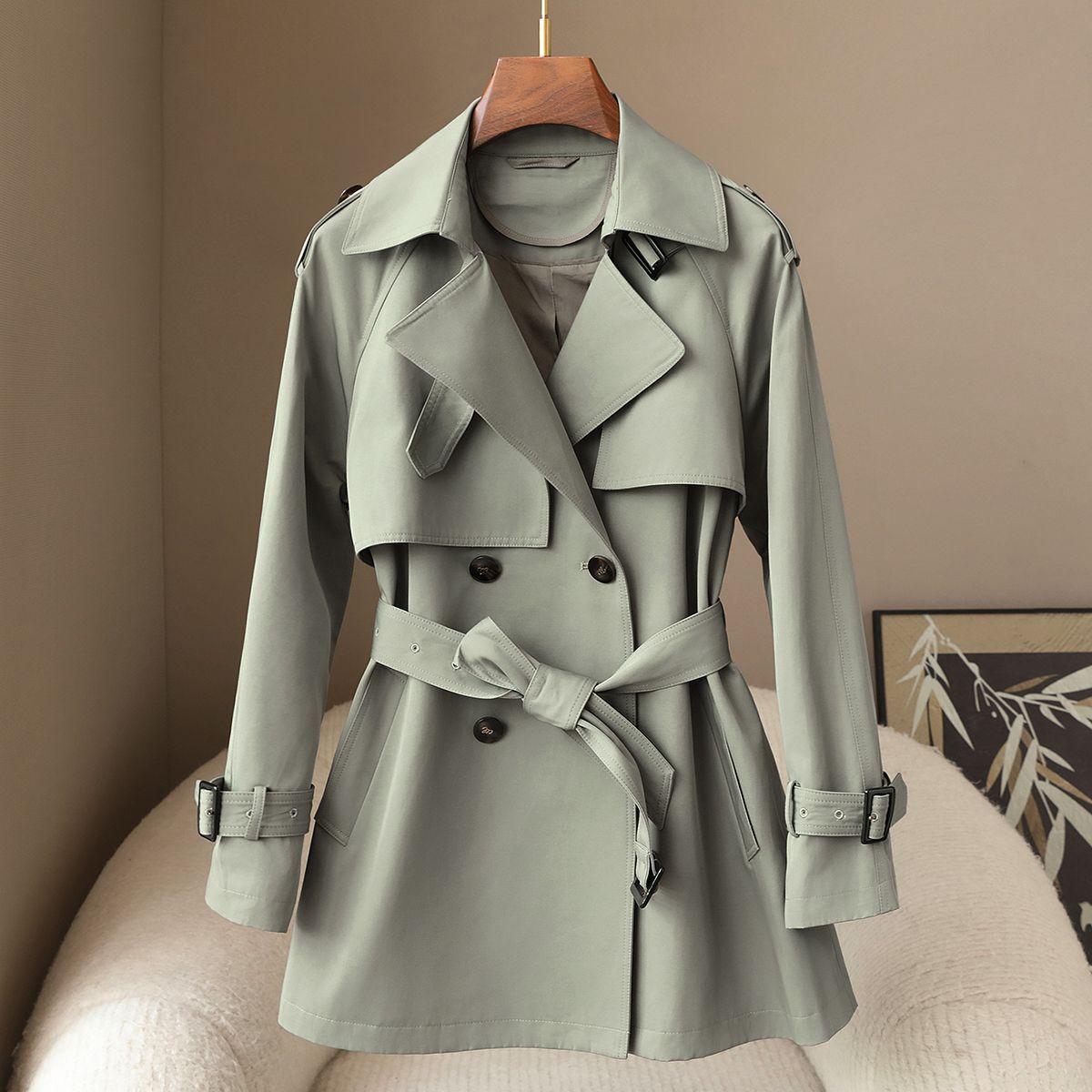 Trench Coat For Women – Slim-Fit Double-Breasted Mid-Length Coat In Dusty Blue/Khaki/Sage Green (M-2XL)_ecoleips.com