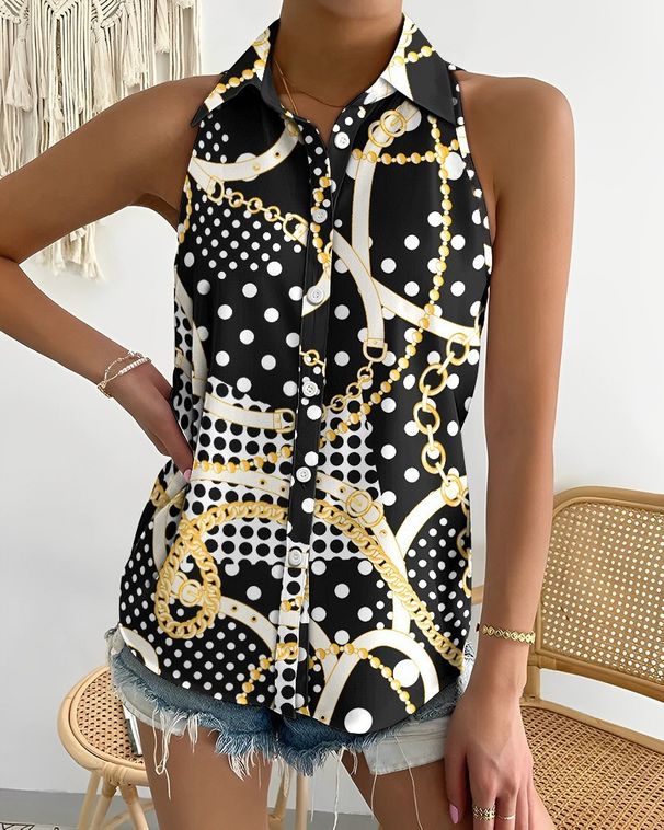 Women's Abstract Chain & Polka Dot Print Sleeveless Shirt Blouse - Chic Lapel Neck Button Front_ecoleips.com