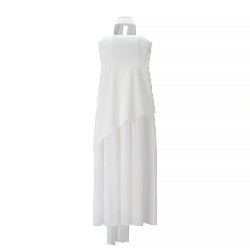 Women's Fashionable Tie Neck Strapless Top with Mesh Patchwork Hem Dress Wholesale 2025 New Style Factory Direct Import_ecoleips.com