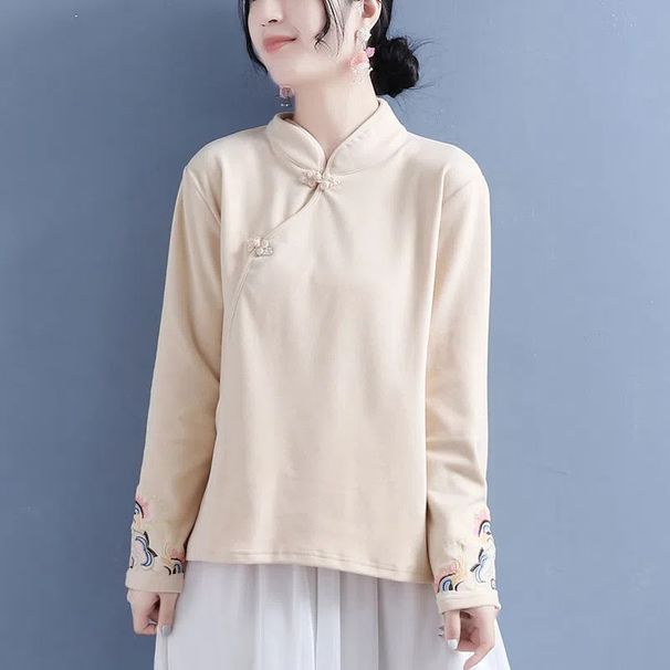 Derong Solid Color National Style Underwear With Standing Collar, Long-Sleeved, Buttoned Design, Embroidered T-Shirt For_ecoleips.com