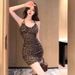 Mini Leopard Print Wrap Bodycon Dress Women Sexy Backless Short Skirt Slimming Belted Shoulder Strap Autumn Season_ecoleips.com