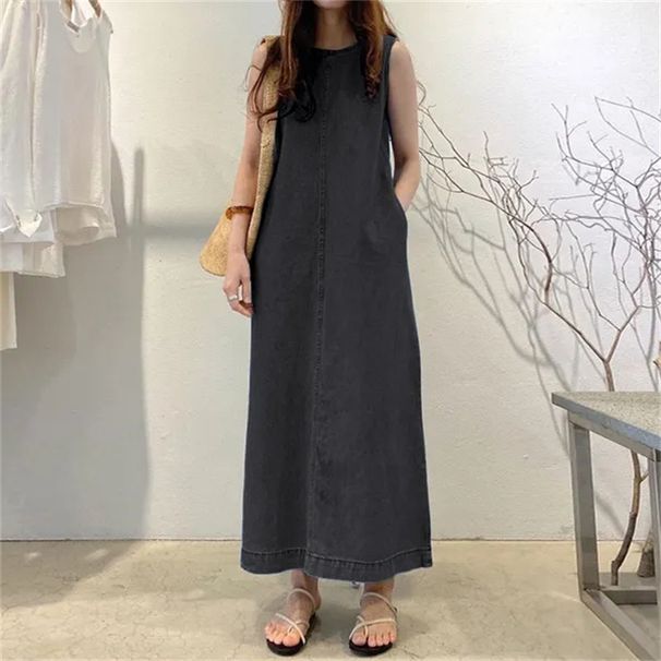 Women's Sleeveless Denim Long Dress Fashionable Round Neck Sleeveless Pocket Denim Skirt Loose Vest Denim Long Dress_ecoleips.com