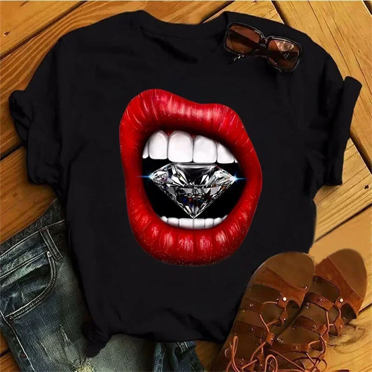 Colorful Mouth Print T Shirt New Women T Shirt Short Sleeve Tops Female Graphic Tee Shirts Ladies Fashion Black T-shirt Clothes._ecoleips.com