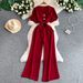 Women's Three-Button V-Neck Puff Sleeve Jumpsuit Summer Slimming Elastic Waist Wide Leg Pants Size Democracy_ecoleips.com