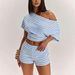 Women's Summer Striped Casual Slim Fit Top And Shorts Set Off Shoulder Short Sleeve High Waisted_ecoleips.com
