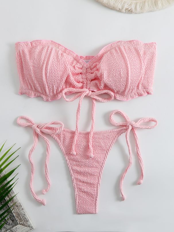 Sexy Bikini Set - Adjustable Tie-Front Swimwear With Soft Padded Cups (Fluorescent Yellow/Black/Pink/Orange/Blue/Dusty Pink/Mauve) - S/M/L_ecoleips.com