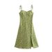 2025 New European American Fashion V-neck Green Floral Print Dress With Shoulder Ties And Slit For Women_ecoleips.com