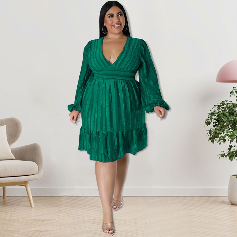 Women's Clothing V-Neck Flutter Sleeve Midi Dress With Vertical Stripe Jacquard, Elegant A-Line Swing Dress_ecoleips.com