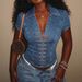 Women's Commuter Style V Neck Skin Friendly Breathable Tie up Denim Shirt Summer Slimming Short Sleeved Top_ecoleips.com