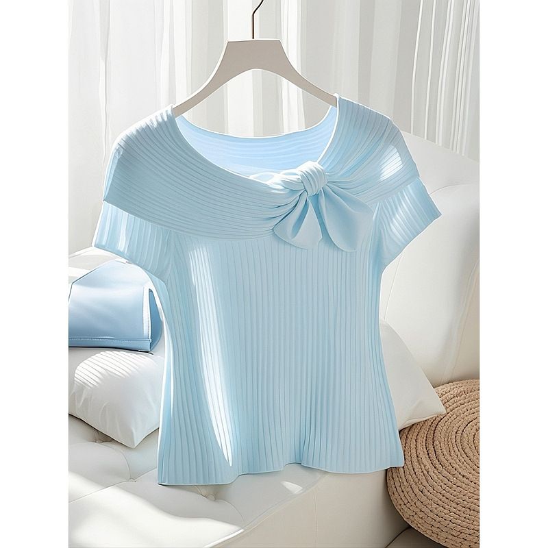 Women's Clothing French light blue ice silk short sleeved knitted sweater tops for women in early spring_ecoleips.com