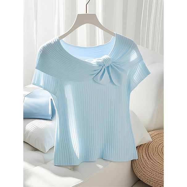 Women's Clothing French light blue ice silk short sleeved knitted sweater tops for women in early spring_ecoleips.com