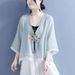 Summer Cotton-Linen Diamond-Patterned Ribbon Buttoned Faux Two-Piece Seven-Quarter-Length Embroidered Shirt And Women's_ecoleips.com