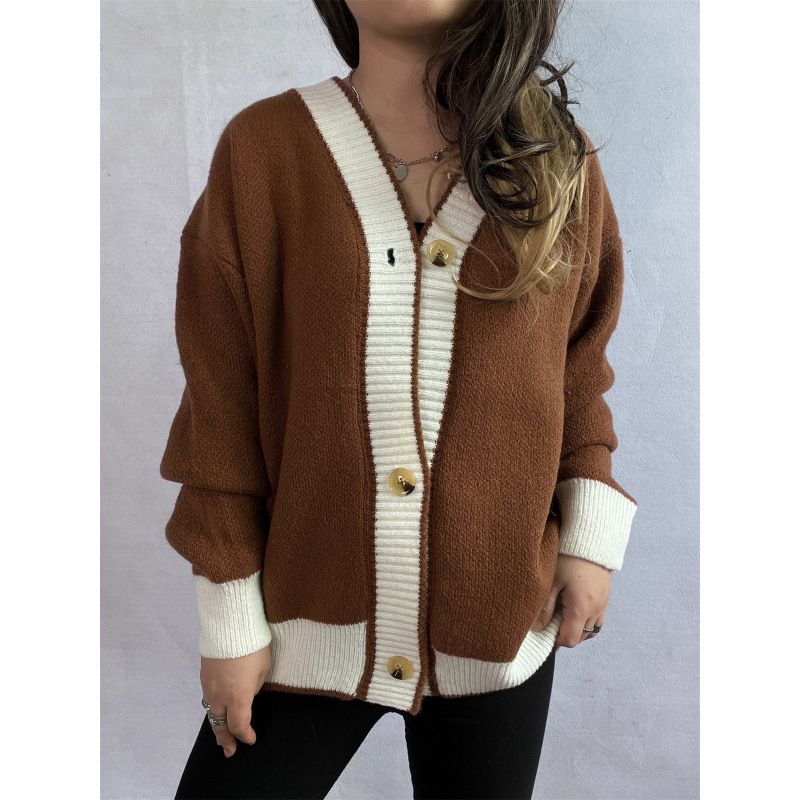 Autumn And Winter Large-Sized Contrasting Color Cardigan Sweaters, Loose Knitted Sweaters With Street Style_ecoleips.com
