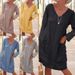 Women's Casual Long Sleeved V Neck Dress Loose Fit Solid Color Cotton Linen Pocket Detail Autumn Winter Clothing_ecoleips.com