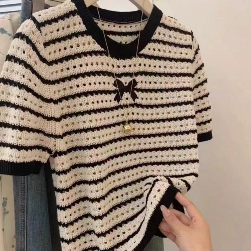 Women's Hong Kong Style Korean Style Knit Top Black And White Striped Short Sleeve Hollowed Out Round Neck Loose Slimming Short Top For New Spring_ecoleips.com