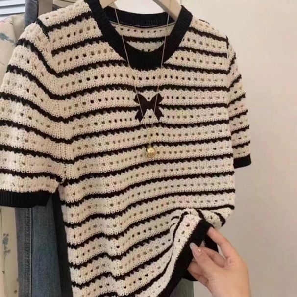 Women's Hong Kong Style Korean Style Knit Top Black And White Striped Short Sleeve Hollowed Out Round Neck Loose Slimming Short Top For New Spring_ecoleips.com