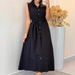 Women's Clothing Summer Medium Length Lapel Solid Color Sleeveless Dress_ecoleips.com