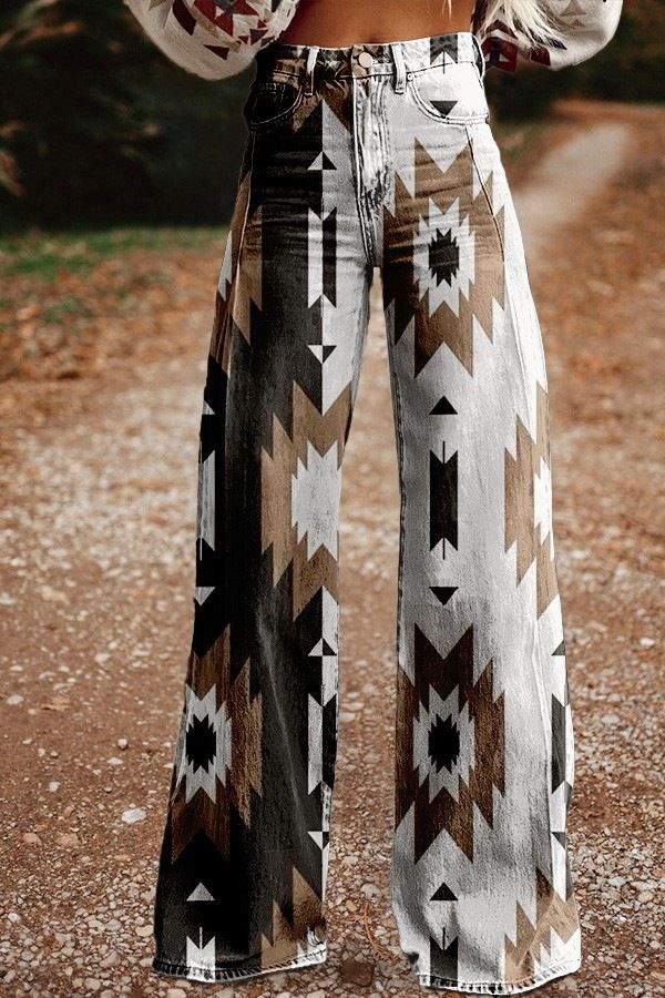 Women's 3D Digital Printed Faux Denim Wide Leg Pants Flared Slim Fit Versatile Factory Direct Sales Bottoms_ecoleips.com