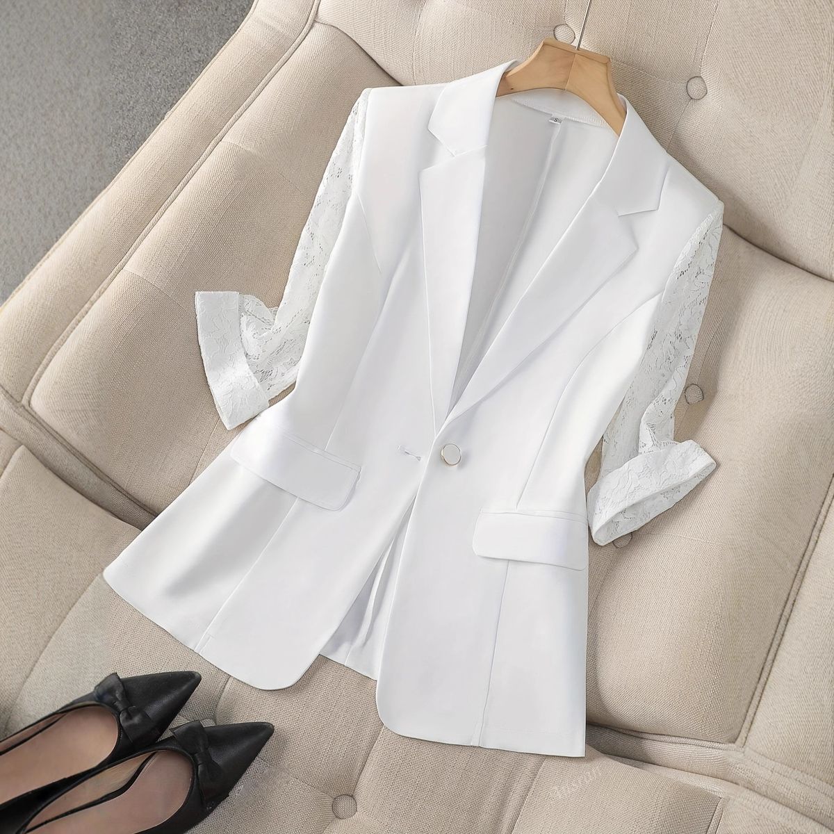White Casual Blazer Jacket for Women Thin 3/4 Sleeve Lightweight European American Style Outerwear_ecoleips.com
