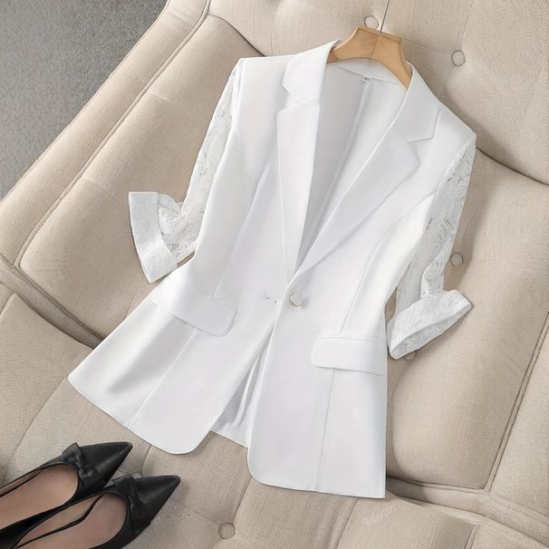 White Casual Blazer Jacket for Women Thin 3/4 Sleeve Lightweight European American Style Outerwear_ecoleips.com