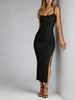 Women SpaghettiStrap Square Black Sequin Slit Bodycon Midi Dress Sexy Party Spring Summer Chic Club DateNight Stretch Dress_ecoleips.com