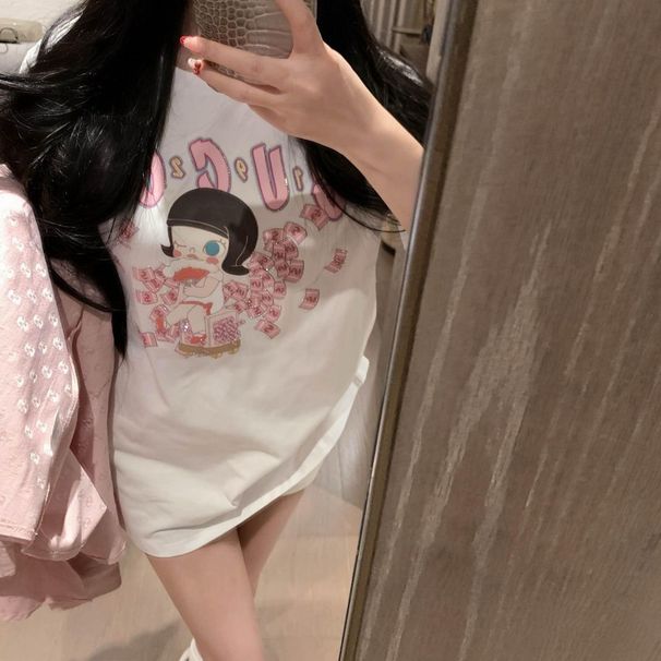 Cartoo Doll Letter Prit Rhiestoe Short-sleeve T-shirt 2026 Summer Ew Pure Cotto Versatile Half-sleeve Top For_ecoleips.com