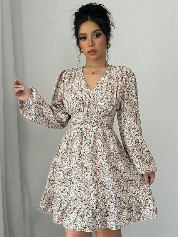 Women's Ditsy Floral Print Shirred V Neck A Line Dress, Elegant Bishop Sleeve Short Dress For Spring & Fall_ecoleips.com
